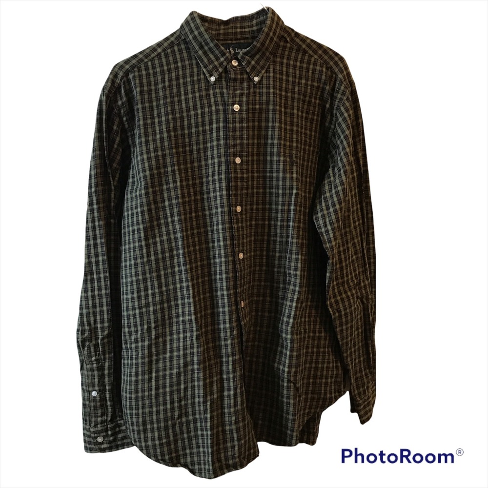 Ralph Lauren Button Down Shirt L Green Plaid Excellent Classic Fit Long Sleeve